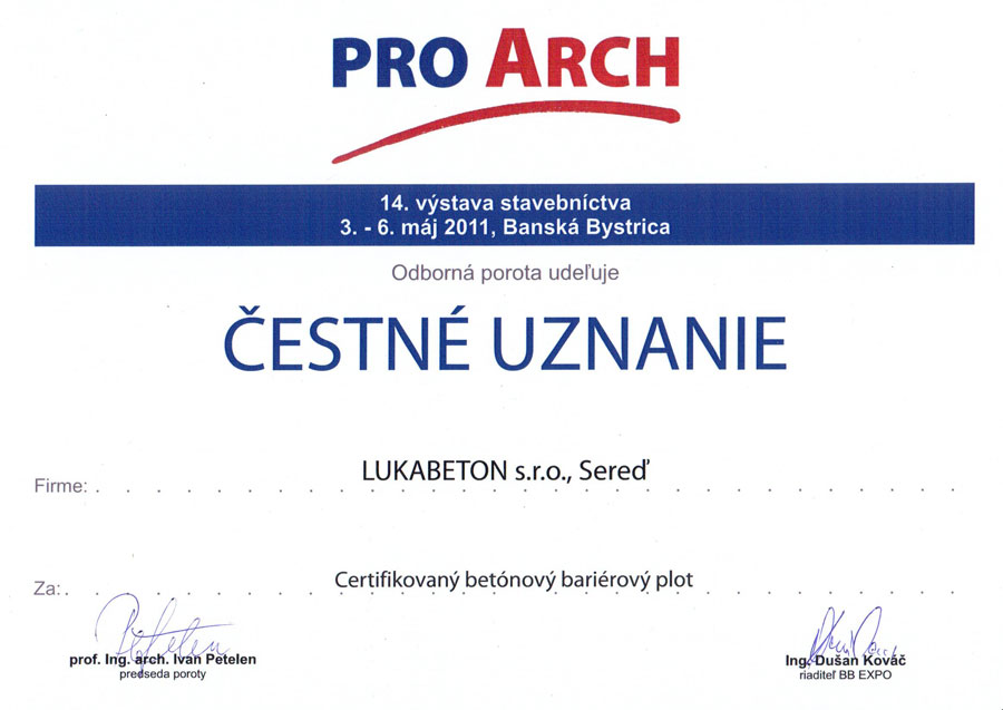 čestné uznanie poroty PRO ARCH 2011